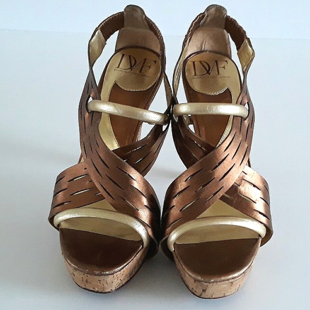 *DVF copper & gold leather slingback cork platform heels 9M Brazil